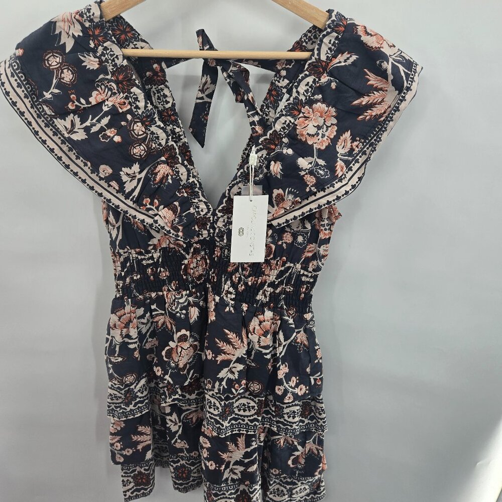 Caroline Constas Navy Blue Devon Print Ruffled Sleeve Tiered Mini Dress Small
